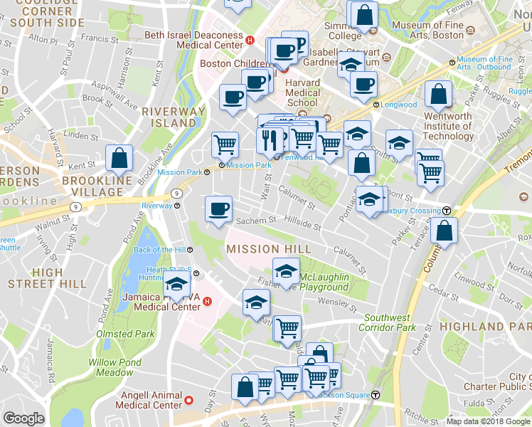 map of restaurants, bars, coffee shops, grocery stores, and more near 39 Darling Street in Boston