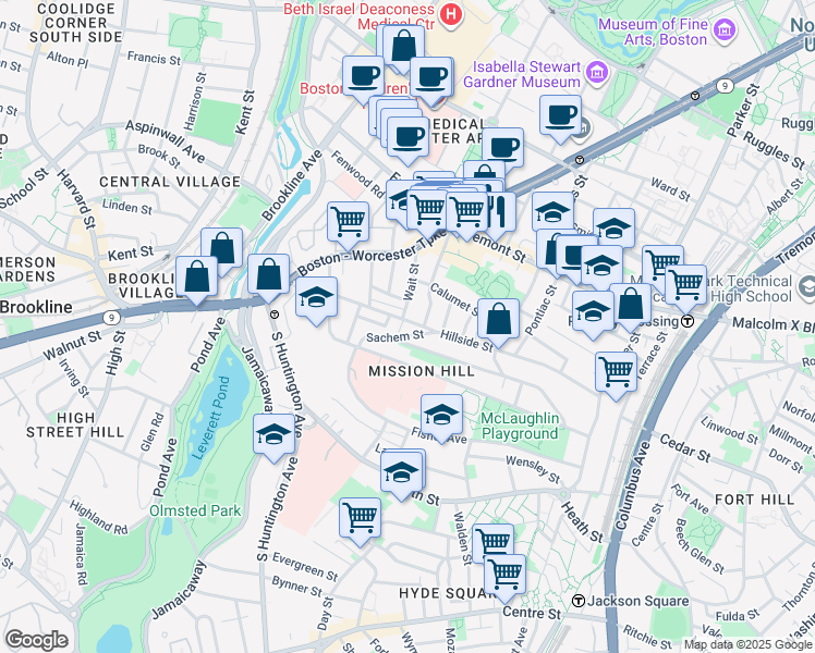 map of restaurants, bars, coffee shops, grocery stores, and more near 39 Darling Street in Boston