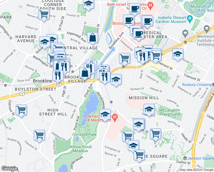 map of restaurants, bars, coffee shops, grocery stores, and more near 25-25A South Huntington Avenue in Boston
