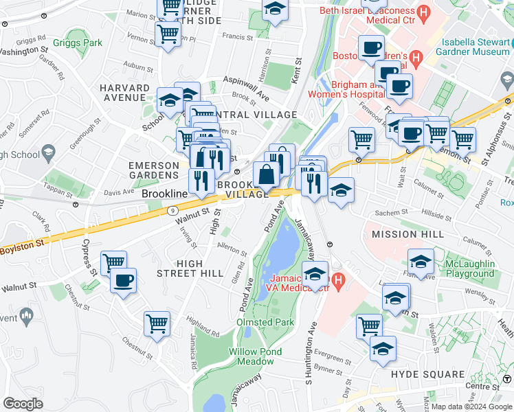 map of restaurants, bars, coffee shops, grocery stores, and more near in Brookline