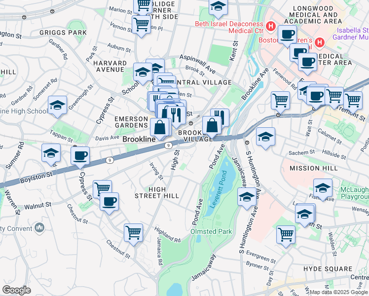 map of restaurants, bars, coffee shops, grocery stores, and more near in Brookline