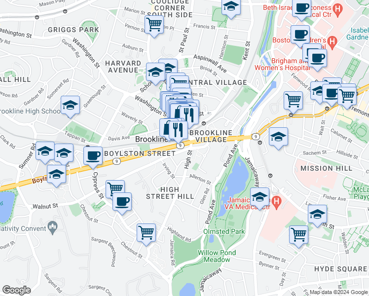 map of restaurants, bars, coffee shops, grocery stores, and more near 9 Boylston Street in Brookline