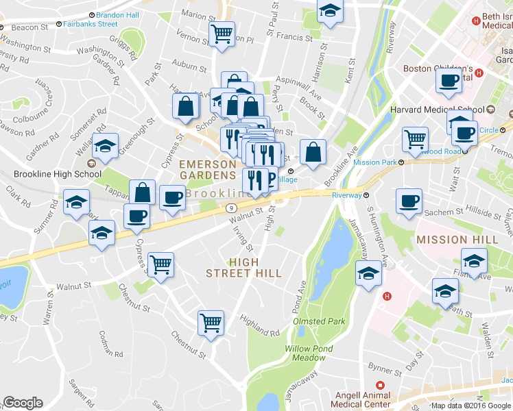 map of restaurants, bars, coffee shops, grocery stores, and more near 69 Boylston Street in Brookline