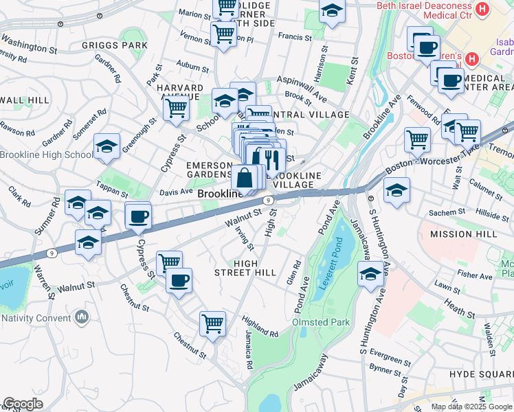 map of restaurants, bars, coffee shops, grocery stores, and more near 71 Massachusetts 9 in Brookline