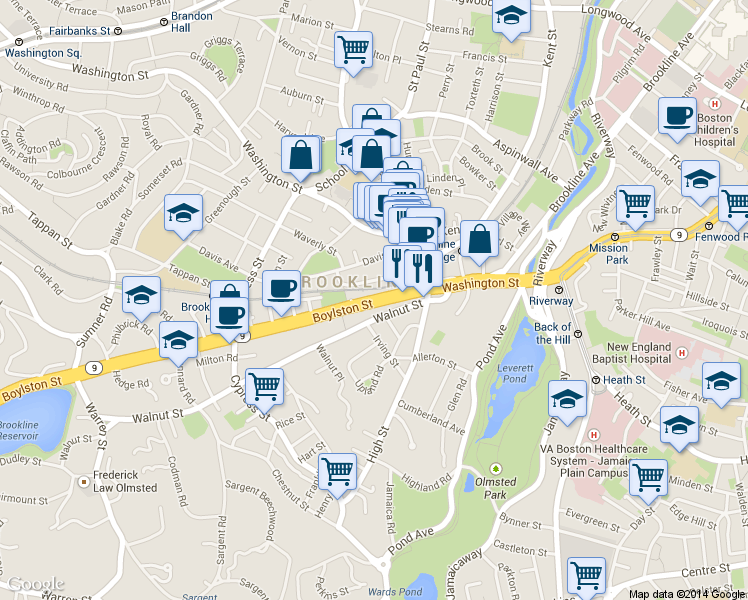 map of restaurants, bars, coffee shops, grocery stores, and more near 71 Massachusetts 9 in Brookline