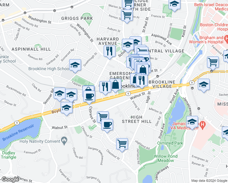 map of restaurants, bars, coffee shops, grocery stores, and more near 88 Davis Avenue in Brookline
