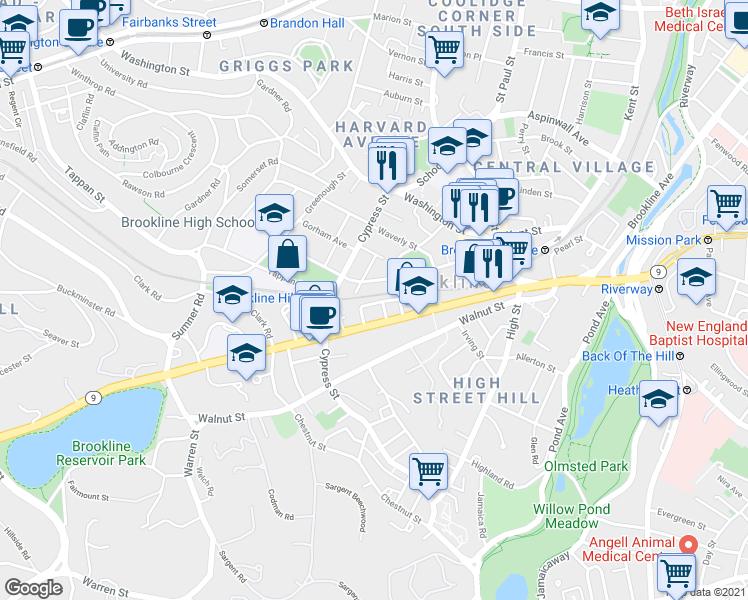 map of restaurants, bars, coffee shops, grocery stores, and more near 118 Davis Avenue in Brookline