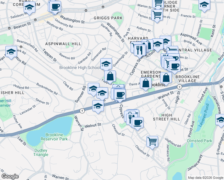 map of restaurants, bars, coffee shops, grocery stores, and more near in Brookline