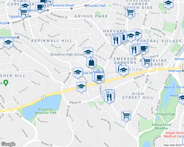 map of restaurants, bars, coffee shops, grocery stores, and more near in Brookline