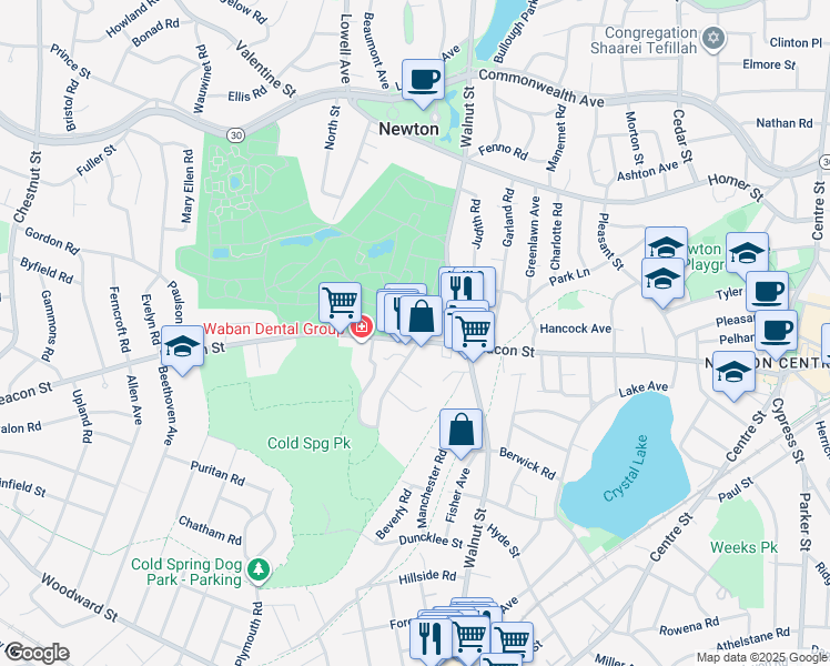 map of restaurants, bars, coffee shops, grocery stores, and more near 1143 Beacon Street in Newton