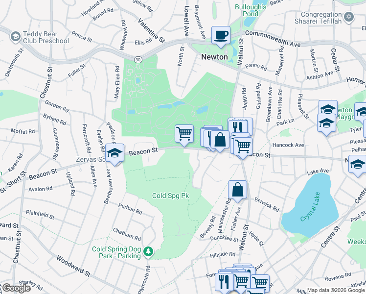 map of restaurants, bars, coffee shops, grocery stores, and more near 1200 Beacon Street in Newton