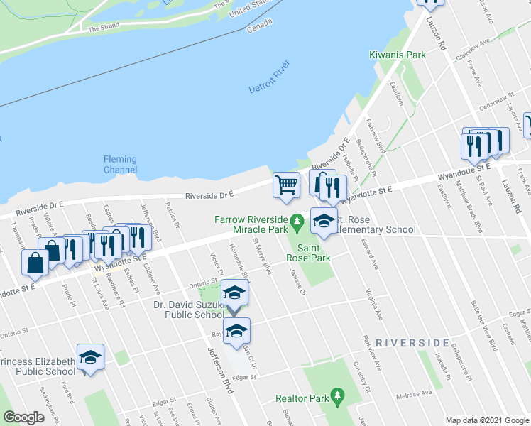 map of restaurants, bars, coffee shops, grocery stores, and more near 6630 Wyandotte Street East in Windsor