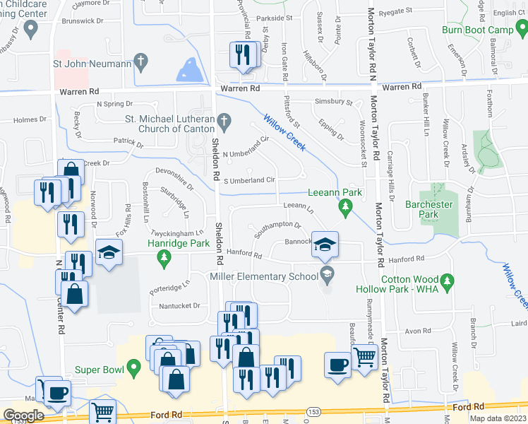 map of restaurants, bars, coffee shops, grocery stores, and more near 44908 Trails Court in Wayne County