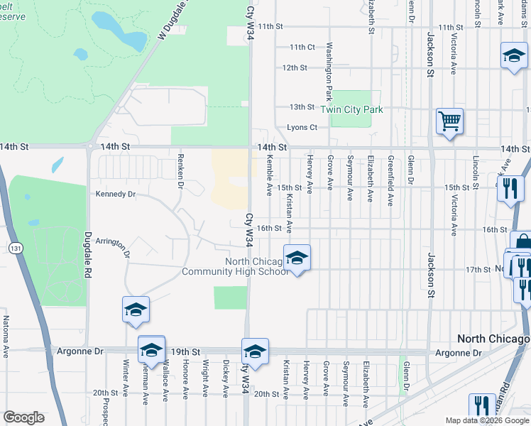 map of restaurants, bars, coffee shops, grocery stores, and more near 1536 Kemble Avenue in North Chicago