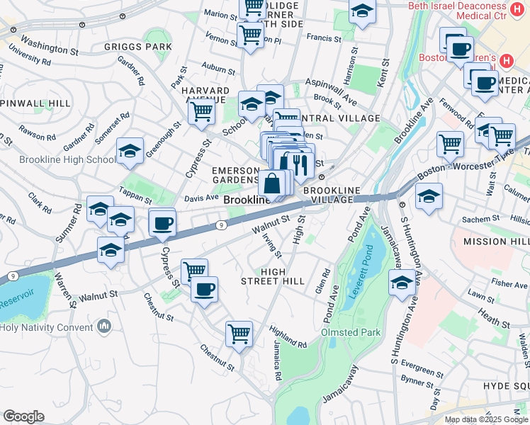 map of restaurants, bars, coffee shops, grocery stores, and more near 71 Massachusetts 9 in Brookline