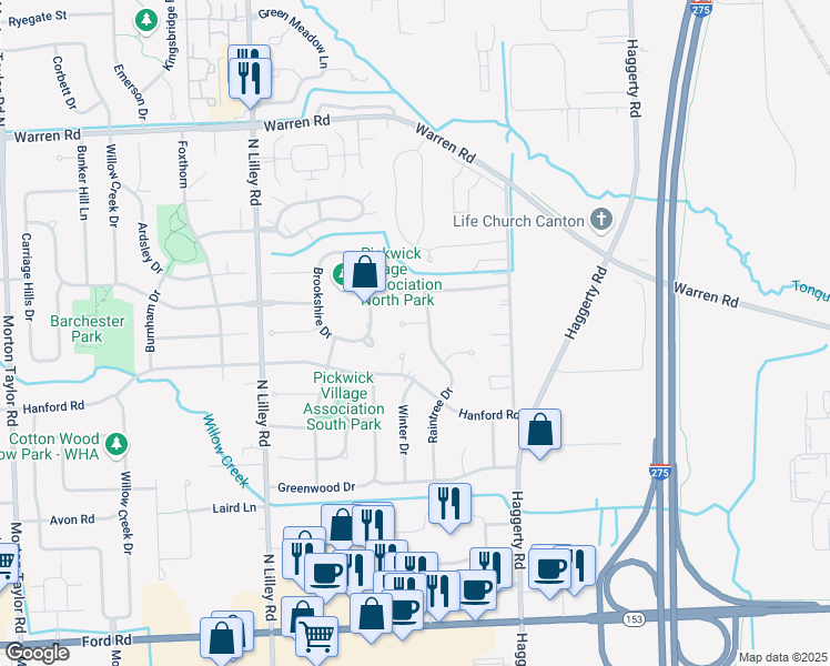 map of restaurants, bars, coffee shops, grocery stores, and more near 41946 Conner Creek Court in Canton