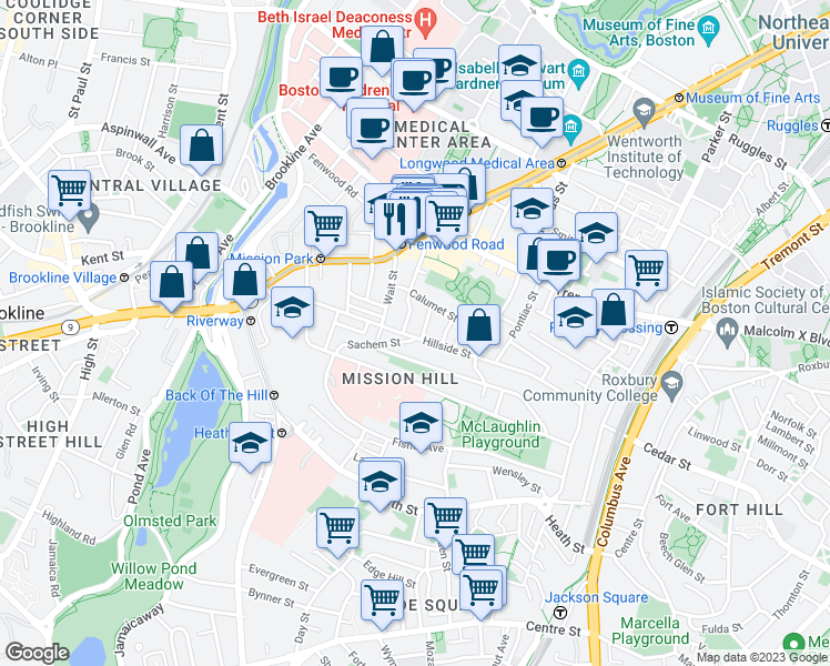 map of restaurants, bars, coffee shops, grocery stores, and more near 135 Hillside Street in Boston