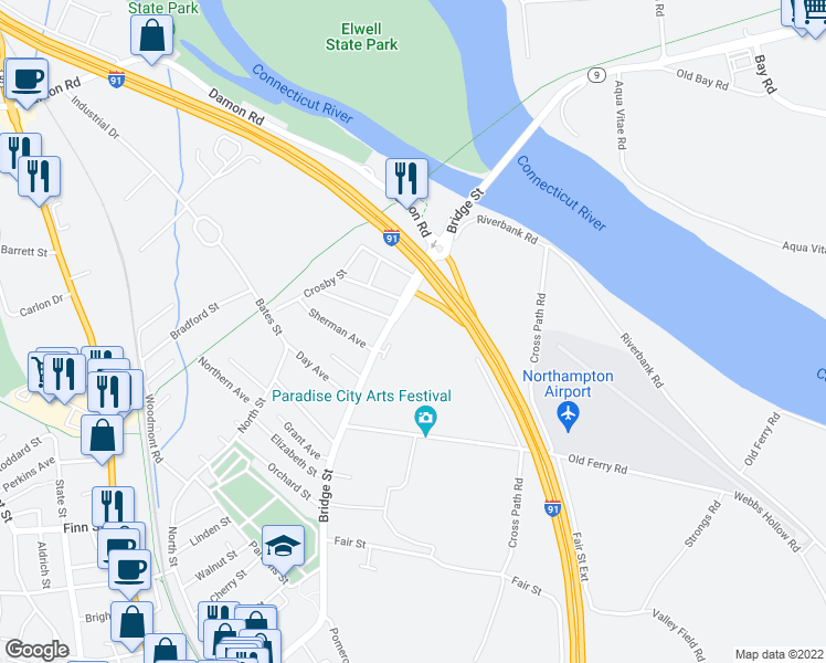 map of restaurants, bars, coffee shops, grocery stores, and more near 351 Bridge Street in Northampton