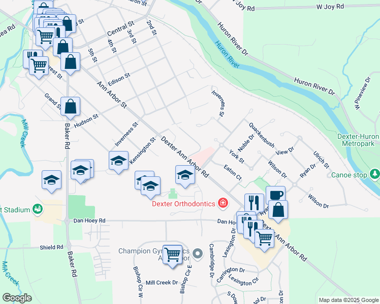 map of restaurants, bars, coffee shops, grocery stores, and more near 3407 Huron View Court in Dexter