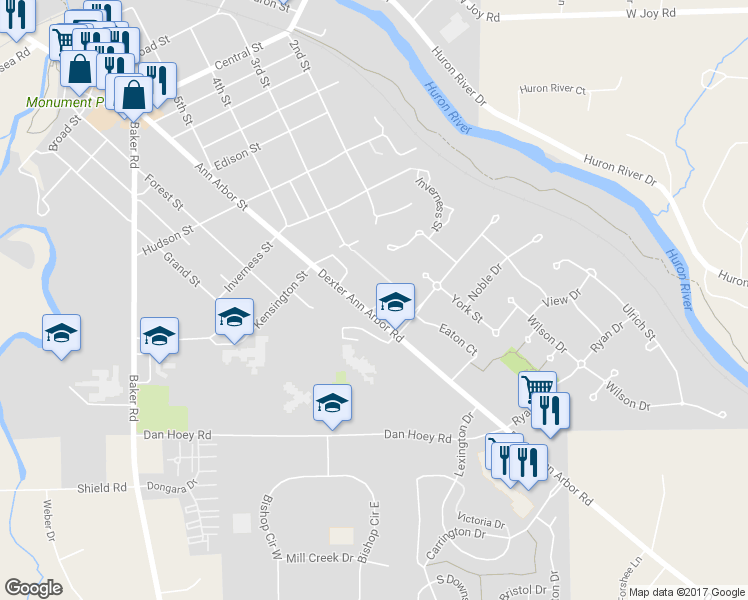 map of restaurants, bars, coffee shops, grocery stores, and more near 3407 Huron View Court in Dexter