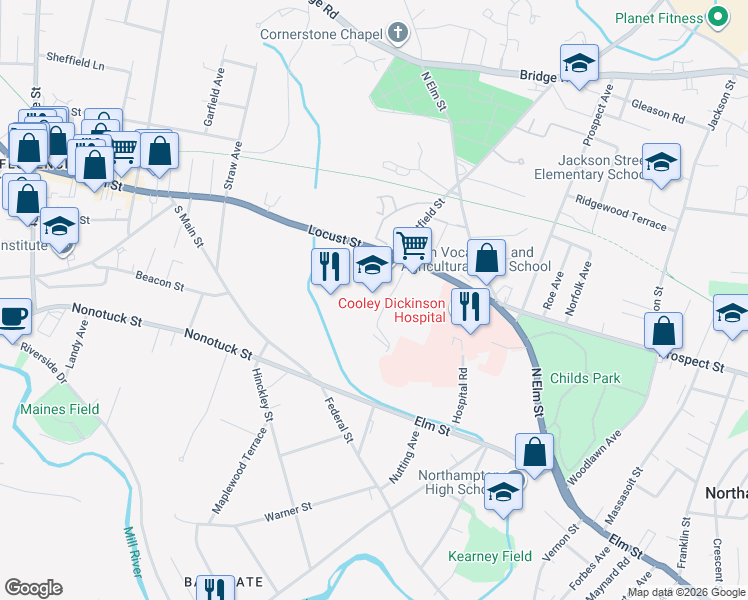 map of restaurants, bars, coffee shops, grocery stores, and more near 80 Locust Street in Northampton