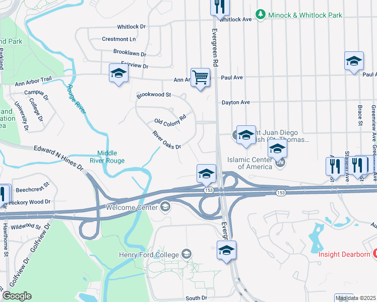 map of restaurants, bars, coffee shops, grocery stores, and more near 20231 River Oaks Drive in Dearborn Heights
