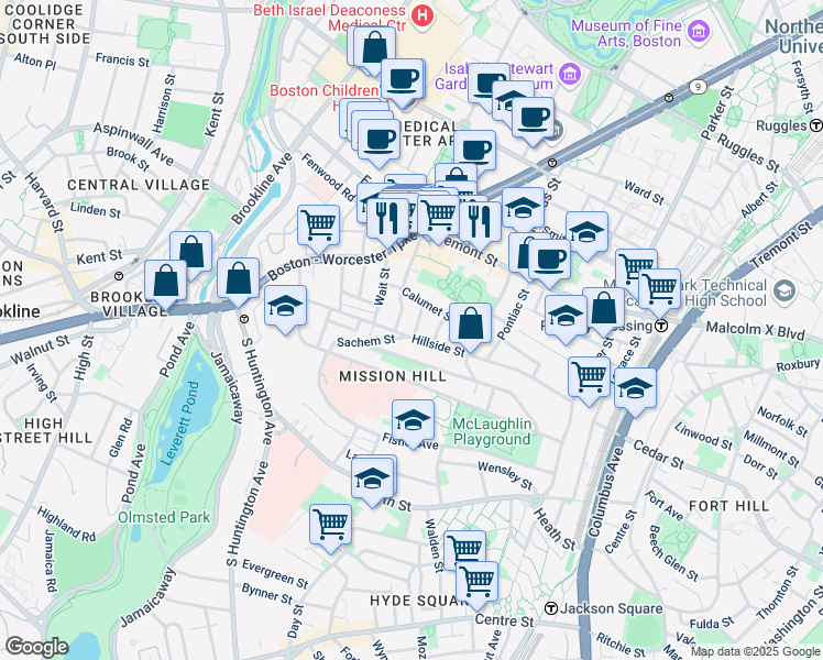 map of restaurants, bars, coffee shops, grocery stores, and more near 5 Oswald Street in Boston