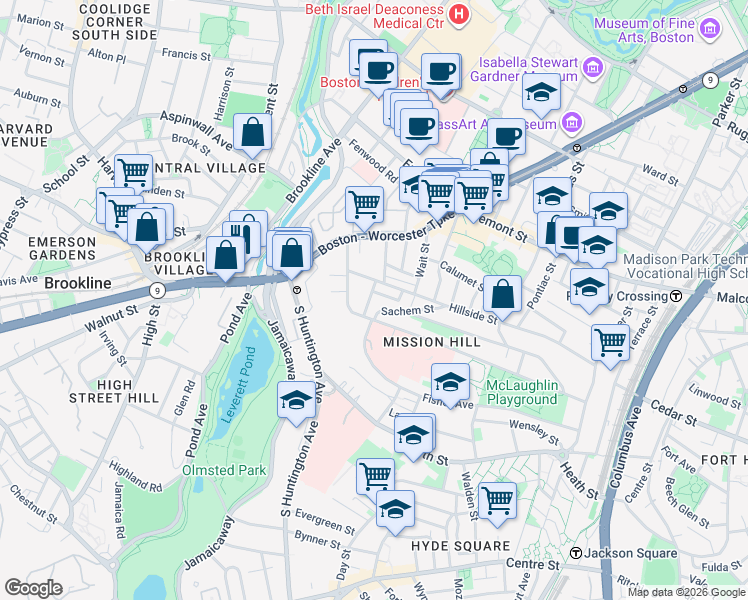 map of restaurants, bars, coffee shops, grocery stores, and more near 11 Sunset Street in Boston