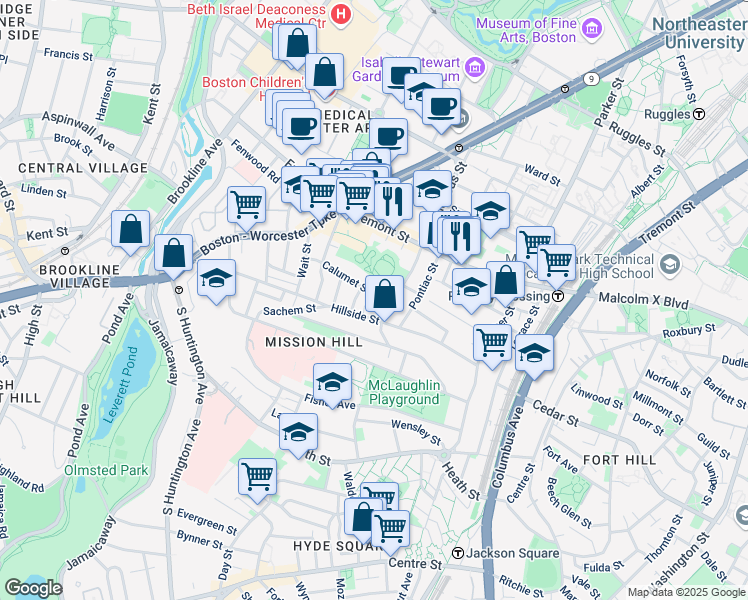 map of restaurants, bars, coffee shops, grocery stores, and more near 101 Calumet Street in Boston
