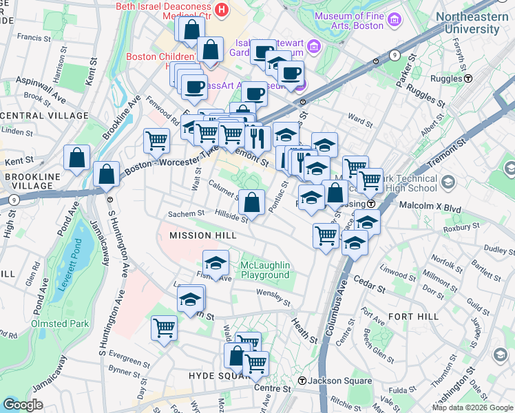 map of restaurants, bars, coffee shops, grocery stores, and more near 101 Calumet Street in Boston