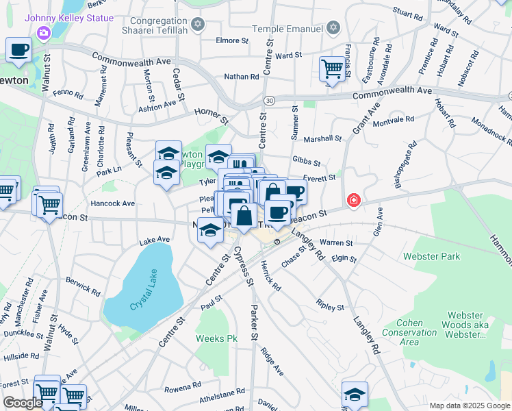 map of restaurants, bars, coffee shops, grocery stores, and more near 1199 Centre Street in Newton