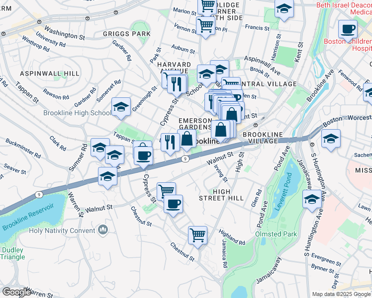 map of restaurants, bars, coffee shops, grocery stores, and more near 88 Davis Avenue in Brookline