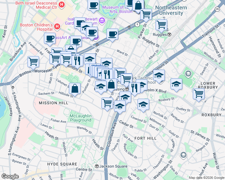 map of restaurants, bars, coffee shops, grocery stores, and more near 3 Morton Place in Boston