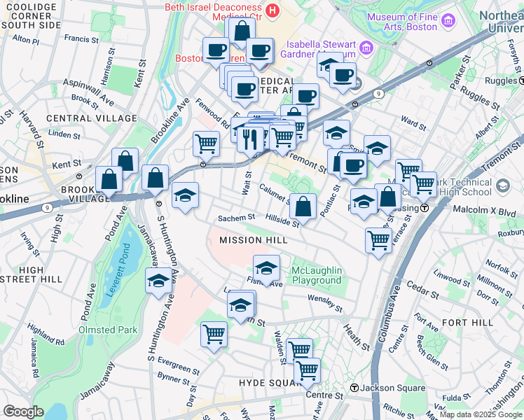 map of restaurants, bars, coffee shops, grocery stores, and more near 135 Hillside Street in Boston