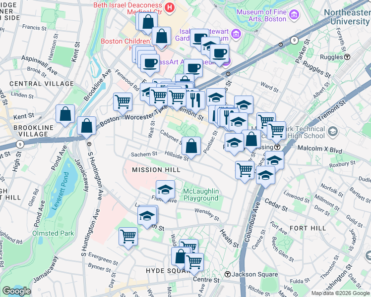 map of restaurants, bars, coffee shops, grocery stores, and more near 101 Calumet Street in Boston