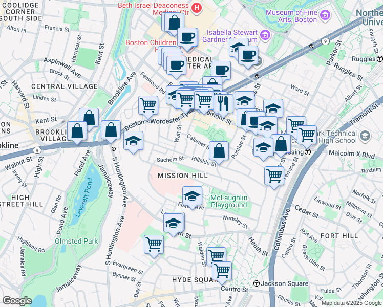 map of restaurants, bars, coffee shops, grocery stores, and more near 5 Oswald Street in Boston