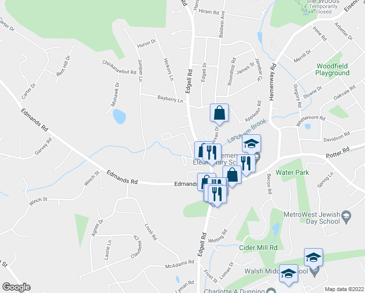 map of restaurants, bars, coffee shops, grocery stores, and more near 912 Windsor Drive North in Framingham