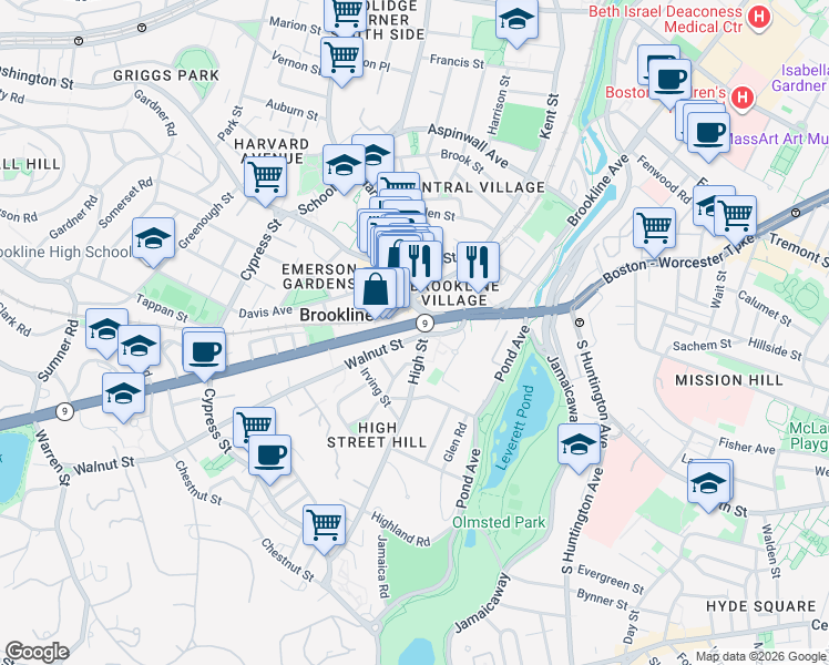 map of restaurants, bars, coffee shops, grocery stores, and more near 9 Boylston Street in Brookline