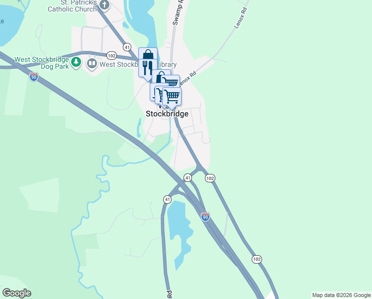 map of restaurants, bars, coffee shops, grocery stores, and more near 1-15 Old Gr Barrington Road in West Stockbridge