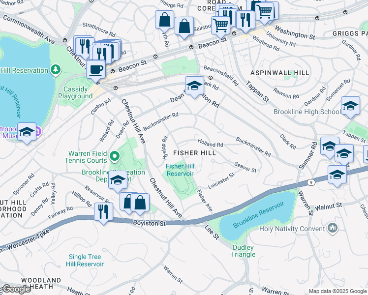 map of restaurants, bars, coffee shops, grocery stores, and more near 129 Fisher Avenue in Brookline