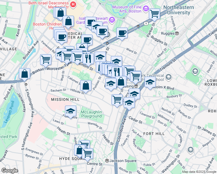 map of restaurants, bars, coffee shops, grocery stores, and more near 19A Burney Street in Boston