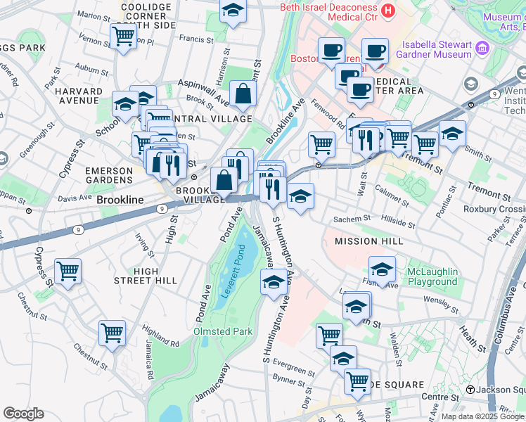 map of restaurants, bars, coffee shops, grocery stores, and more near 10 Jamaicaway in Boston