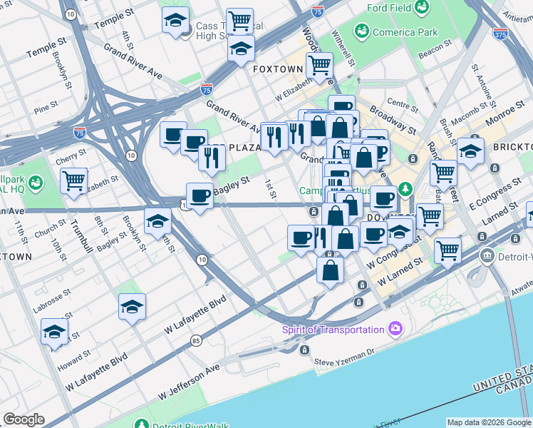map of restaurants, bars, coffee shops, grocery stores, and more near 551 Michigan Avenue in Detroit