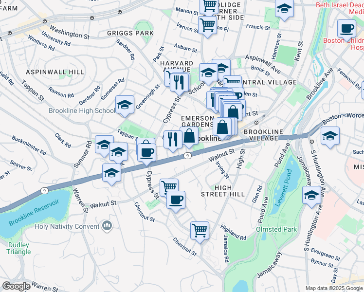 map of restaurants, bars, coffee shops, grocery stores, and more near 88 Davis Avenue in Brookline