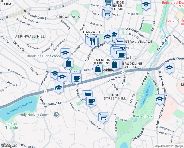 map of restaurants, bars, coffee shops, grocery stores, and more near 118 Davis Avenue in Brookline