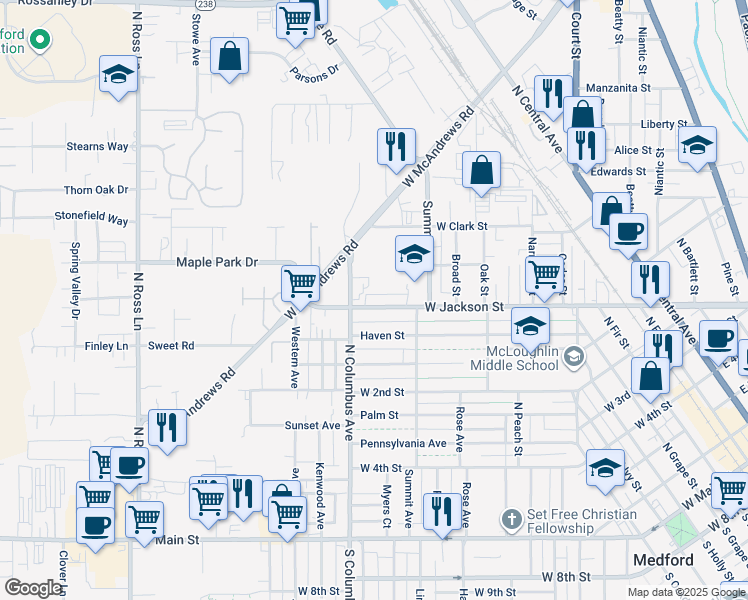 map of restaurants, bars, coffee shops, grocery stores, and more near 740 West Jackson Street in Medford