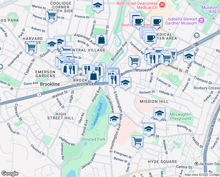 map of restaurants, bars, coffee shops, grocery stores, and more near 10 Jamaicaway in Boston