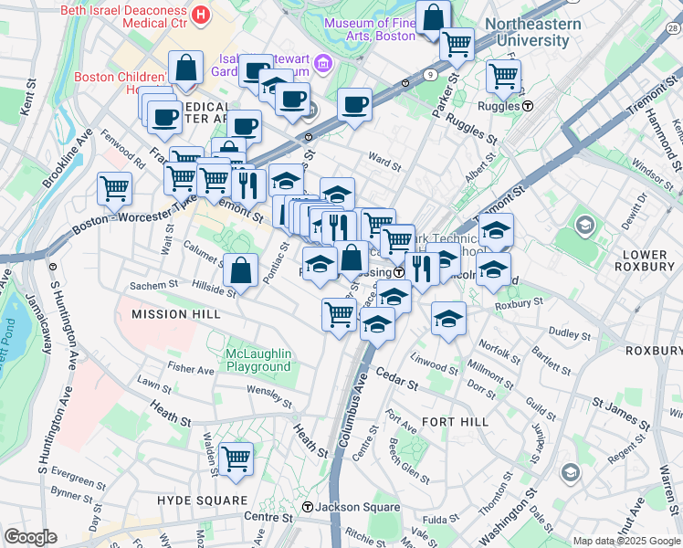 map of restaurants, bars, coffee shops, grocery stores, and more near in Boston