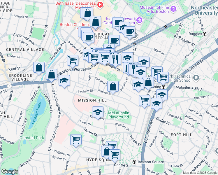 map of restaurants, bars, coffee shops, grocery stores, and more near 99 Calumet Street in Boston