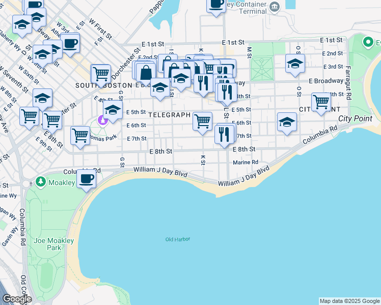 map of restaurants, bars, coffee shops, grocery stores, and more near 582-1/2 East 8th Street in Boston
